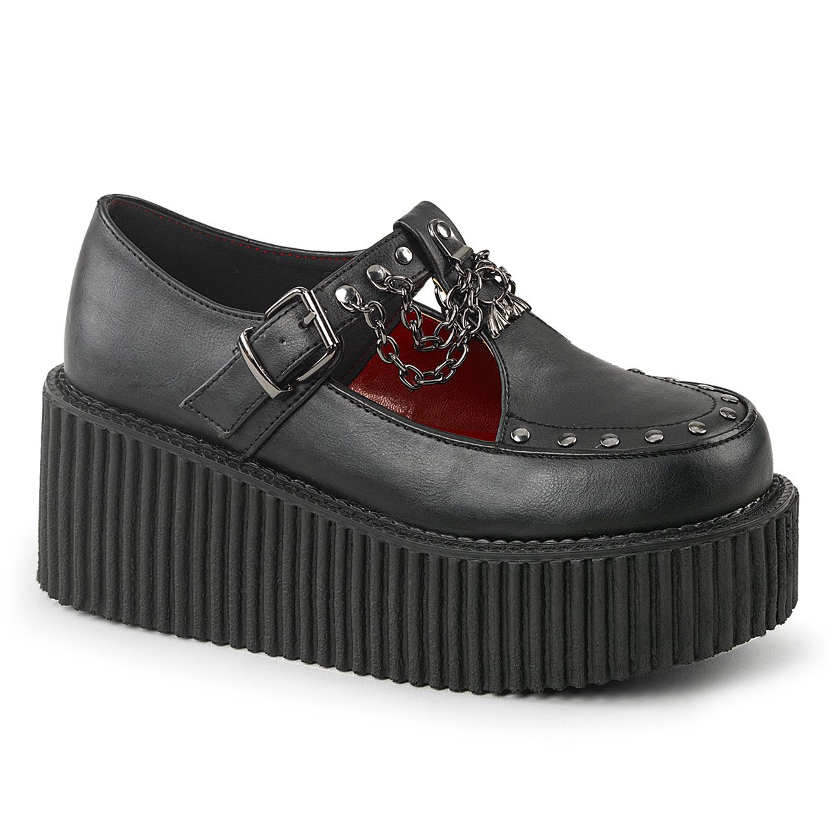 Chaussures Creepers Demonia Creeper-215 Platform T-Brides Cuir Vegan Noir Femme | YKY-6685915