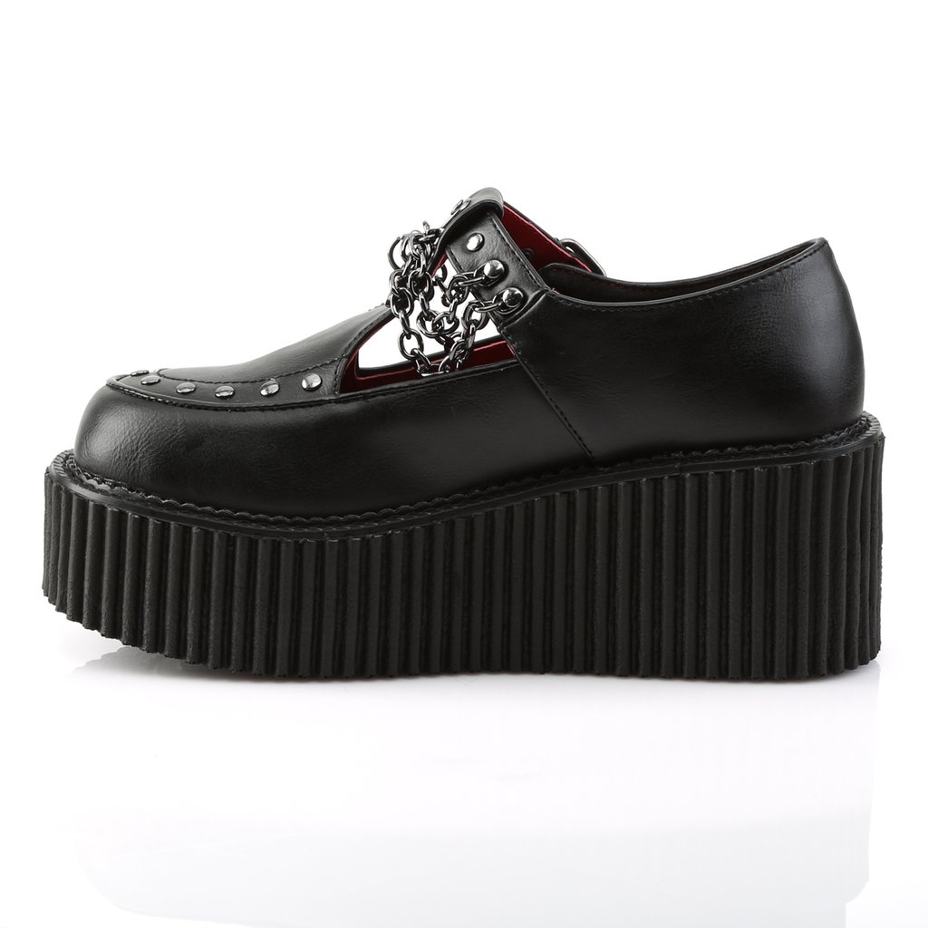 Chaussures Creepers Demonia Creeper-215 Platform T-Brides Cuir Vegan Noir Femme | YKY-6685915