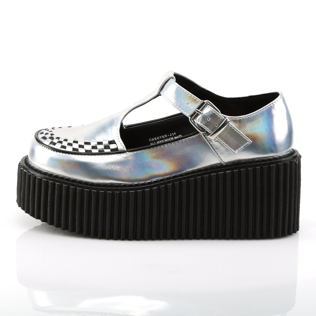 Chaussures Creepers Demonia Creeper-214 Platform T-Brides Argent Femme | NII-5522987