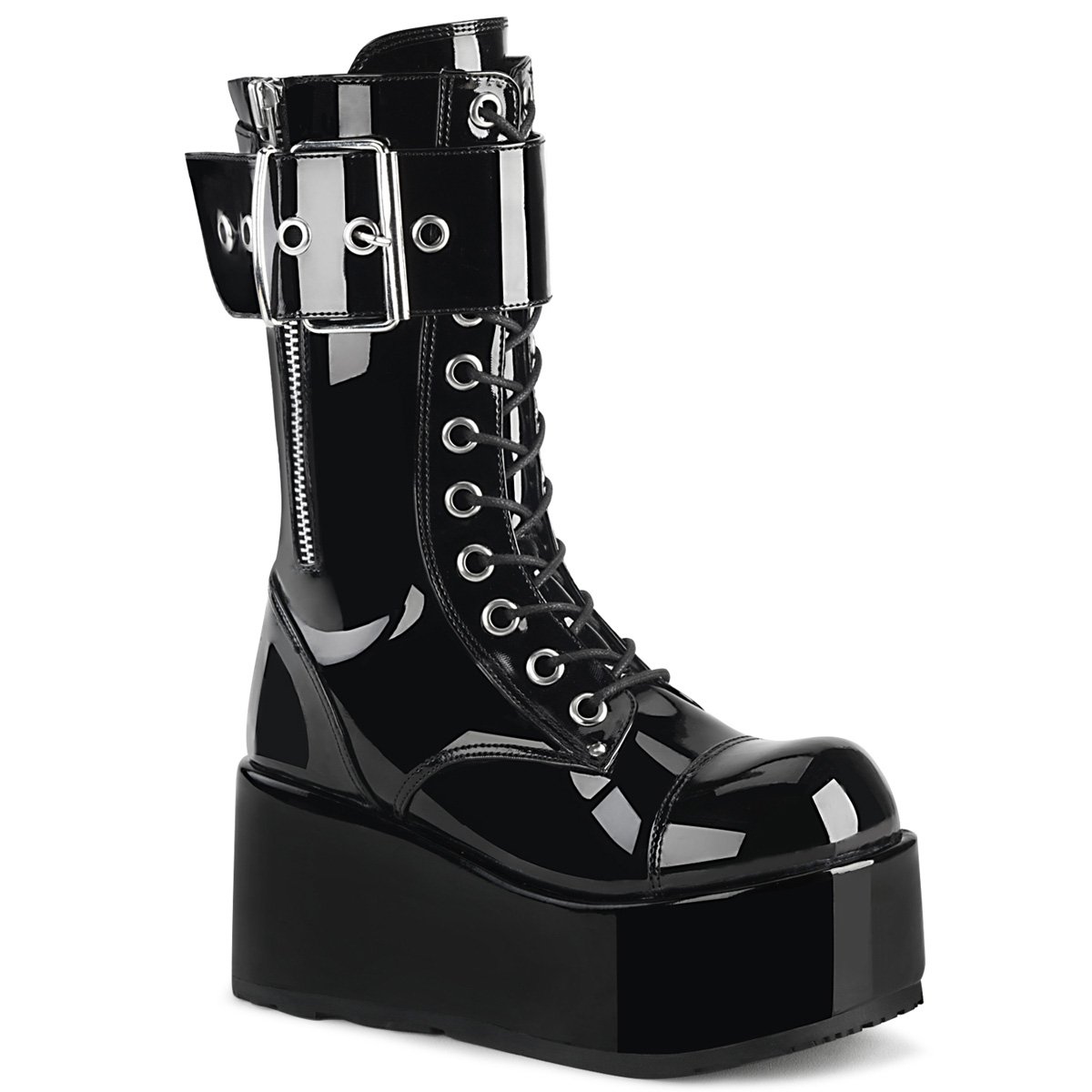 Bottines Demonia Petrol-150 Platform Dentelle Up Mid-Calf Vernis Noir Homme | PAO-8604910