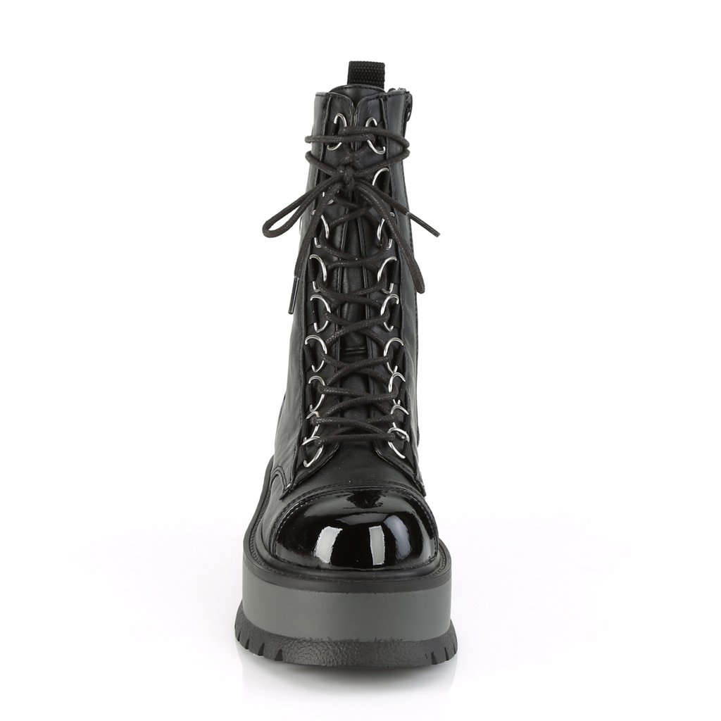 Bottines Demonia Slacker-150 Platform Dentelle Up Vegan Vernis Noir Femme | FFQ-7902171