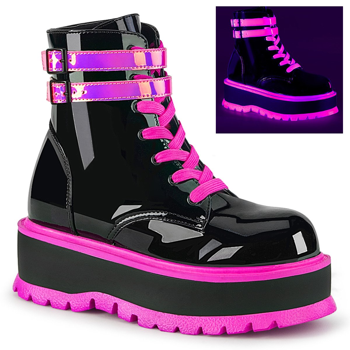 Bottines Demonia Slacker-52 Platform Dentelle Up Noir / Rose Femme | HDV-3731883