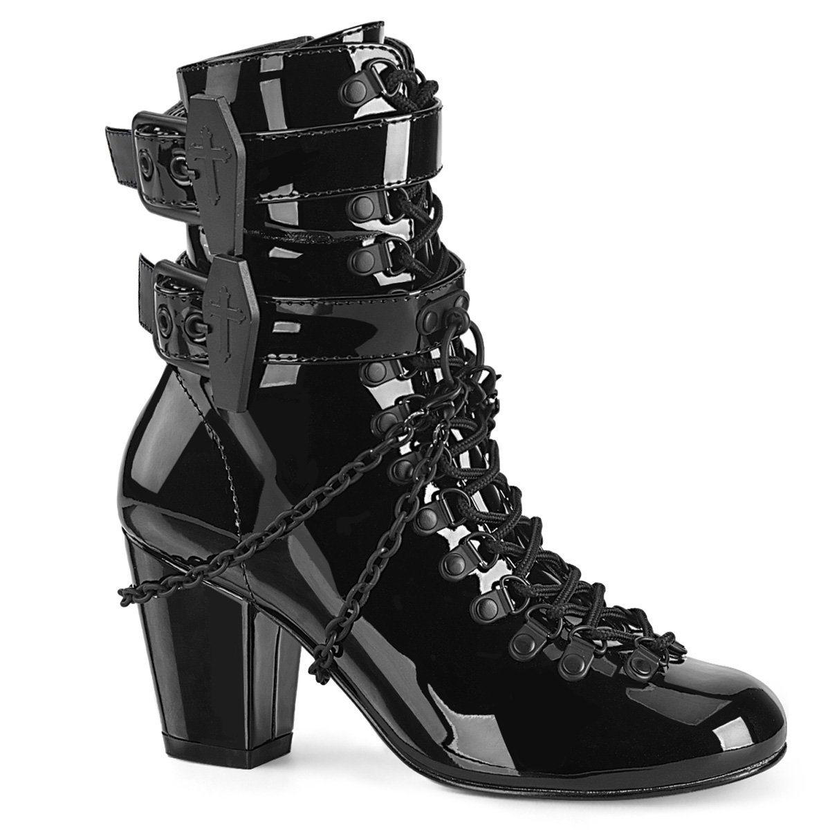 Bottines Demonia Vivika-128 Dentelle Up Vernis Noir Femme | TBR-2029857