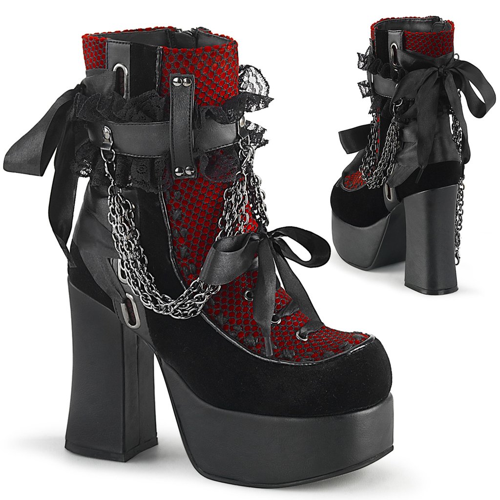 Bottines Demonia Charade-110 Platform Dentelle Up Vegan Noir / Rouge Femme | NQP-4957891