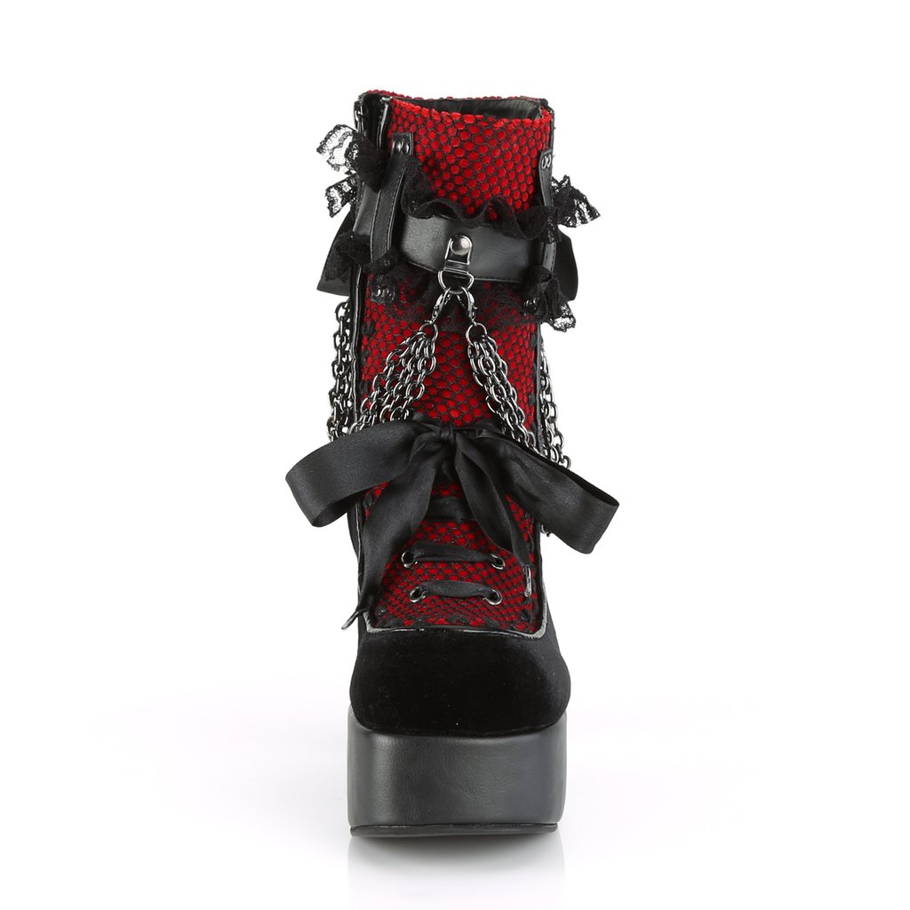 Bottines Demonia Charade-110 Platform Dentelle Up Vegan Noir / Rouge Femme | NQP-4957891