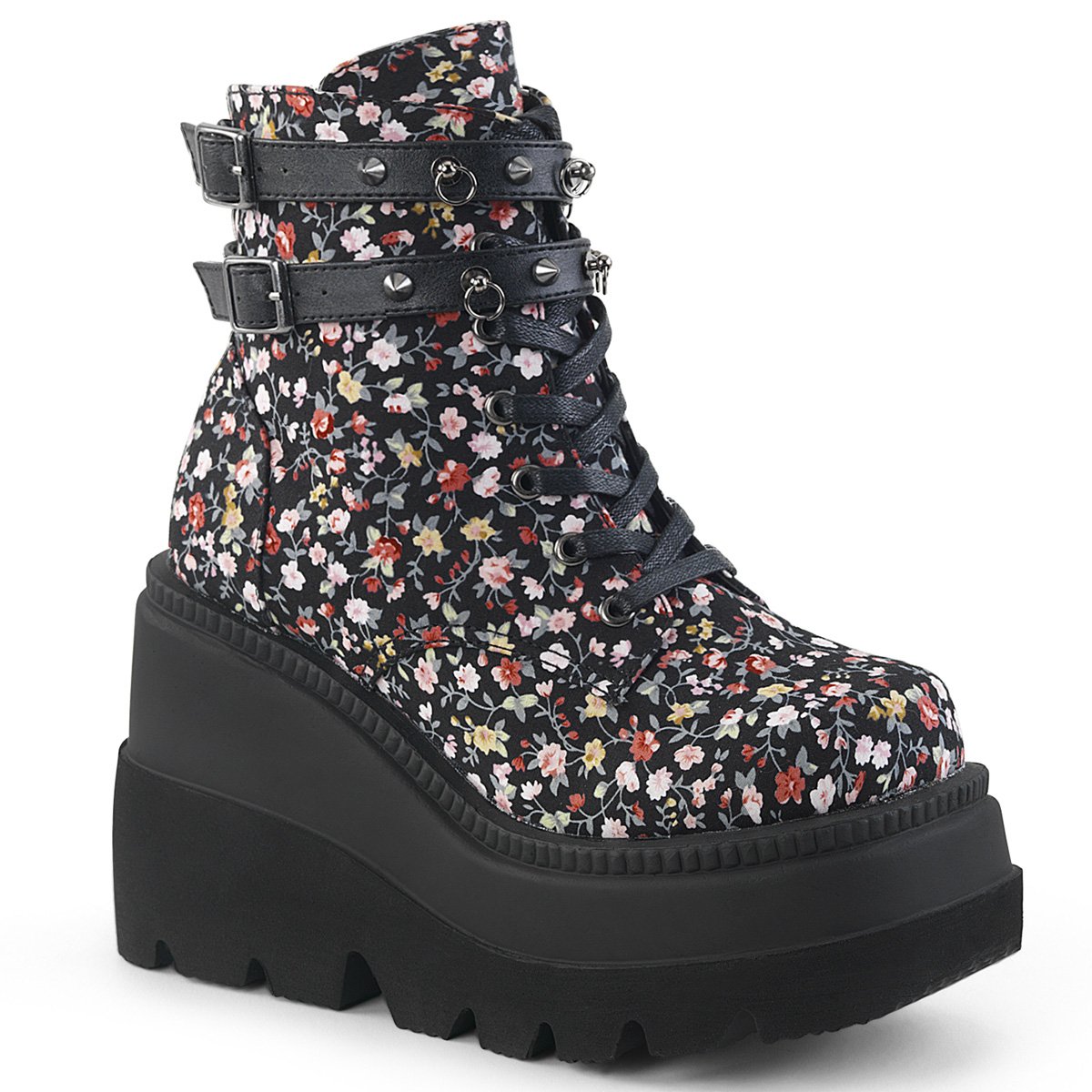 Bottines Demonia Shaker-52ST Wedge Platform Dentelle Up Floral Femme | XLR-6537892