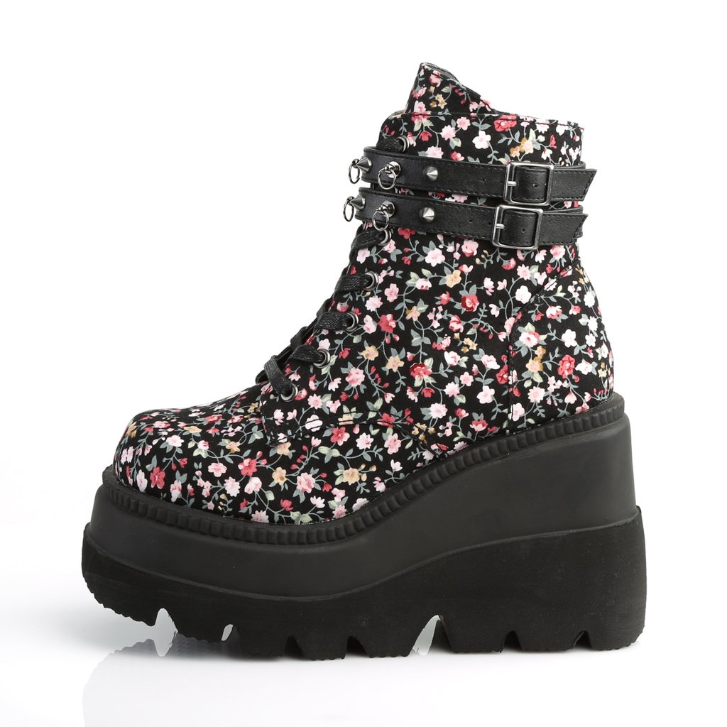 Bottines Demonia Shaker-52ST Wedge Platform Dentelle Up Floral Femme | XLR-6537892